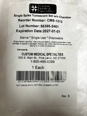 Cms-1212 Custom Medical Specialties Single Spike Tumescent Infiltration Set Without Chamber For Hk Surgical Klein Pump