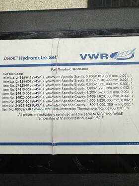 34630-000 Durac Vwr Hydrometer Set To Test For Specific Gravity