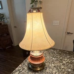 Traditional Table Lamp Wood Brass Base Bell Fabric Shade Polished Finish. Fixed Price $250.00.